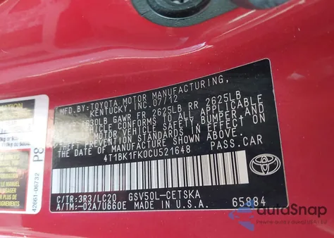 2012 Toyota Camry Se V6 from USA, damaged, VIN 4T1BK1FK0CU521648